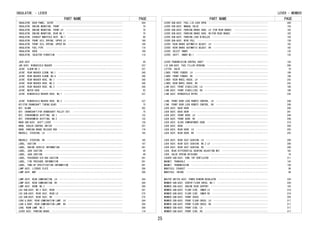 PART NAME PAGE 
INSULATOR, - LEVER 
INSULATOR, DASH PANEL, OUTER　･･････････････････････････････････････････････････････204 
INSULATOR, ENGINE MOUNTING, FRONT　･････････････････････････････････････････････････70 
INSULATOR, ENGINE MOUNTING, FRONT LH　･･････････････････････････････････････････････70 
INSULATOR, ENGINE MOUNTING, REAR NO.1　･････････････････････････････････････････････70 
INSULATOR, EXHAUST MANIFOLD HEAT, NO.1　････････････････････････････････････････････99 
INSULATOR, FRONT COIL SPRING, UPPER LH　････････････････････････････････････････････188 
INSULATOR, FRONT COIL SPRING, UPPER RH　････････････････････････････････････････････188 
INSULATOR, FUEL PIPE　･･････････････････････････････････････････････････････････････118 
INSULATOR, HOOD　･･･････････････････････････････････････････････････････････････････198 
INSULATOR, INJECTOR VIBRATION　･････････････････････････････････････････････････････118 
JACK ASSY　･････････････････････････････････････････････････････････････････････････49 
JAR ASSY, WINDSHIELD WASHER　･･･････････････････････････････････････････････････････337 
JOINT, ELBOW NO.2　･････････････････････････････････････････････････････････････････337 
JOINT, REAR WASHER ELBOW, NO.1　････････････････････････････････････････････････････340 
JOINT, REAR WASHER ELBOW, NO.6　････････････････････････････････････････････････････340 
JOINT, REAR WASHER HOSE, NO.1　･････････････････････････････････････････････････････340 
JOINT, REAR WASHER HOSE, NO.2　･････････････････････････････････････････････････････340 
JOINT, REAR WASHER HOSE, NO.3　･････････････････････････････････････････････････････340 
JOINT, WATER HOSE　･････････････････････････････････････････････････････････････････92 
JOINT, WINDSHIELD WASHER HOSE, NO.1　･･･････････････････････････････････････････････337 
JOINT, WINDSHIELD WASHER HOSE, NO.2　･･･････････････････････････････････････････････337 
KEY(FOR CRANKSHAFT TIMING GEAR)　･･･････････････････････････････････････････････････75 
KEY, BLANK　････････････････････････････････････････････････････････････････････････262 
KEY, CRANKSHAFT(FOR CRANKSHAFT PULLEY SET)　････････････････････････････････････････75 
KEY, SYNCHROMESH SHIFTING, NO.1　･･･････････････････････････････････････････････････132 
KEY, SYNCHROMESH SHIFTING, NO.2　･･･････････････････････････････････････････････････132 
KNOB SUB-ASSY, SHIFT LEVER　････････････････････････････････････････････････････････138 
KNOB, COOLER CONTROL SWITCH　･･･････････････････････････････････････････････････････357 
KNOB, PARKING BRAKE RELEASE ROD　･･･････････････････････････････････････････････････174 
KNUCKLE, STEERING, LH　･････････････････････････････････････････････････････････････185 
KNUCKLE, STEERING, RH　･････････････････････････････････････････････････････････････185 
LABEL, CAUTION　････････････････････････････････････････････････････････････････････107 
LABEL, ENGINE SERVICE INFORMATION　･････････････････････････････････････････････････291 
LABEL, JACK CAUTION　･･･････････････････････････････････････････････････････････････49 
LABEL, JACK CAUTION　･･･････････････････････････････････････････････････････････････49 
LABEL, PASSENGER AIR BAG CAUTION　･･････････････････････････････････････････････････291 
LABEL, TIRE PRESSURE INFORMATION　･･････････････････････････････････････････････････291 
LABEL, TUNE-UP SPECIFICATION INFORMATION　･･････････････････････････････････････････291 
LAMP ASSY, LICENSE PLATE　･･････････････････････････････････････････････････････････306 
LAMP ASSY, MAP　････････････････････････････････････････････････････････････････････308 
LAMP ASSY, REAR COMBINATION, LH　･･･････････････････････････････････････････････････304 
LAMP ASSY, REAR COMBINATION, RH　･･･････････････････････････････････････････････････304 
LAMP ASSY, ROOM, NO.2　･････････････････････････････････････････････････････････････308 
LEG SUB-ASSY, NO.2 SEAT, REAR　･････････････････････････････････････････････････････281 
LEG SUB-ASSY, REAR SEAT, REAR LH　･･････････････････････････････････････････････････275 
LEG SUB-ASSY, REAR SEAT, RH　･･･････････････････････････････････････････････････････275 
LENS & BODY, REAR COMBINATION LAMP, LH　････････････････････････････････････････････304 
LENS & BODY, REAR COMBINATION LAMP, RH　････････････････････････････････････････････304 
LENS, ROOM LAMP, NO.2　･････････････････････････････････････････････････････････････308 
LEVER ASSY, PARKING BRAKE　･････････････････････････････････････････････････････････174 
LEVER - MEMBER 
PART NAME PAGE 
LEVER SUB-ASSY, FUEL LID LOCK OPEN　････････････････････････････････････････････････300 
LEVER SUB-ASSY, MANUAL VALVE　･･････････････････････････････････････････････････････154 
LEVER SUB-ASSY, PARKING BRAKE SHOE, LH (FOR REAR BRAKE)　･･･････････････････････････182 
LEVER SUB-ASSY, PARKING BRAKE SHOE, RH(FOR REAR BRAKE)　････････････････････････････182 
LEVER SUB-ASSY, PARKING LOCK W/ROLLER　･････････････････････････････････････････････154 
LEVER SUB-ASSY, WIRE PULL　･････････････････････････････････････････････････････････138 
LEVER, REAR BRAKE AUTOMATIC ADJUST, LH　････････････････････････････････････････････182 
LEVER, REAR BRAKE AUTOMATIC ADJUST, RH　････････････････････････････････････････････182 
LEVER, SELECT INNER　･･･････････････････････････････････････････････････････････････135 
LEVER, SHIFT, INNER NO.1　･･････････････････････････････････････････････････････････135 
LEVER,TRANSMISSION CONTROL SHAFT　･･････････････････････････････････････････････････154 
LID SUB-ASSY, FUEL FILLER OPENING　･････････････････････････････････････････････････300 
LIFTER, VALVE　･････････････････････････････････････････････････････････････････････78 
LINER, FRONT FENDER, LH　･･･････････････････････････････････････････････････････････199 
LINER, FRONT FENDER, RH　･･･････････････････････････････････････････････････････････198 
LINER, REAR WHEEL HOUSE, LH　･･･････････････････････････････････････････････････････242 
LINER, REAR WHEEL HOUSE, RH　･･･････････････････････････････････････････････････････242 
LINK ASSY, FRONT STABILIZER, LH　･･･････････････････････････････････････････････････188 
LINK ASSY, FRONT STABILIZER, RH　･･･････････････････････････････････････････････････188 
LINK ASSY, WINDSHIELD WIPER　･･･････････････････････････････････････････････････････335 
LINK, FRONT DOOR LOCK REMOTE CONTROL, LH　･･････････････････････････････････････････248 
LINK, FRONT DOOR LOCK REMOTE CONTROL, RH　･･････････････････････････････････････････248 
LOCK ASSY, BACK DOOR　･･････････････････････････････････････････････････････････････260 
LOCK ASSY, BACK DOOR　･･････････････････････････････････････････････････････････････261 
LOCK ASSY, FRONT DOOR, LH　･････････････････････････････････････････････････････････248 
LOCK ASSY, FRONT DOOR, RH　･････････････････････････････････････････････････････････248 
LOCK ASSY, GLOVE COMPARTMENT DOOR　･････････････････････････････････････････････････210 
LOCK ASSY, HOOD　･･･････････････････････････････････････････････････････････････････200 
LOCK ASSY, REAR DOOR, LH　･･････････････････････････････････････････････････････････255 
LOCK ASSY, REAR DOOR, RH　･･････････････････････････････････････････････････････････255 
LOCK ASSY, REAR SEAT CUSHION, LH　･･････････････････････････････････････････････････280 
LOCK ASSY, REAR SEAT CUSHION, NO.2 LH　･････････････････････････････････････････････280 
LOCK ASSY, REAR SEAT CUSHION, RH　･･････････････････････････････････････････････････280 
LOCK, REAR DIFFERENTIAL BEARING ADJUSTING NUT　･････････････････････････････････････162 
LOCK, VALVE SPRING RETAINER　･･･････････････････････････････････････････････････････78 
LOUVER SUB-ASSY, COWL TOP VENTILATOR　･･････････････････････････････････････････････211 
MAGNET, TRANSAXLE　･････････････････････････････････････････････････････････････････143 
MAGNET, TRANSMISSION　･･････････････････････････････････････････････････････････････128 
MANIFOLD, EXHAUST　･････････････････････････････････････････････････････････････････99 
MANIFOLD, INTAKE　･･････････････････････････････････････････････････････････････････99 
MASTER SWITCH ASSY, POWER WINDOW REGULATOR　････････････････････････････････････････329 
MEMBER SUB-ASSY, CENTER FLOOR CROSS, NO.1　･････････････････････････････････････････220 
MEMBER SUB-ASSY, ENGINE REAR SUPPORT　･･････････････････････････････････････････････193 
MEMBER SUB-ASSY, FLOOR SIDE, INNER LH　･････････････････････････････････････････････218 
MEMBER SUB-ASSY, FLOOR SIDE, INNER RH　･････････････････････････････････････････････218 
MEMBER SUB-ASSY, FRONT CROSS　･･････････････････････････････････････････････････････204 
MEMBER SUB-ASSY, FRONT FLOOR CROSS, LH　････････････････････････････････････････････217 
MEMBER SUB-ASSY, FRONT FLOOR CROSS, RH　････････････････････････････････････････････217 
MEMBER SUB-ASSY, FRONT SIDE, LH　･･･････････････････････････････････････････････････217 
MEMBER SUB-ASSY, FRONT SIDE, RH　･･･････････････････････････････････････････････････217 
25 
 