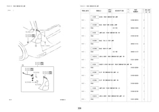 304 
FIG.81-11 REAR COMBINATION LAMP 
(1111- ) 
815869-C 
90041-19693 
90041-19693 
81496 
8811555600 
8811555655 
81550H 
81530B 
81550N 
8811555611DD 
8811555599FG 
FIG.81-11 REAR COMBINATION LAMP 
PROD_DATE MODELS 
SPEC 
CODE 
DESCRIPTION 
R 
/ 
P 
PART 
NUMBER 
O 
Y 
T 
REV_REF 
FR TO 
+----------+ 
| 81496 | GUIDE, REAR COMBINATION LAMP 
+----------+ 
1111 - F65# 81496-B4010- 2 
+----------+ 
| 81530B | BULB, REAR TURN SIGNAL LAMP 
+----------+ 
1111 - F65# 12V 21W 9004A-81005- 2 
+----------+ 
| 81550 | LAMP ASSY, REAR COMBINATION, RH 
+----------+ 
1111 - F65# 81550-BZ190- 1 
+----------+ 
| 81550H | BULB, TAIL & STOP LAMP 
+----------+ 
1111 - F65# 90049-51161- 2 
+----------+ 
| 81550N | BULB, BACK UP LAMP 
+----------+ 
1111 - F65# 12V 16W 90049-51127- 2 
+----------+ 
| 81551D | LENS & BODY, REAR COMBINATION LAMP, RH 
+----------+ 
1111 - F65# 81551-BZ090- 1 
+----------+ 
| 81555 | SOCKET & WIRE SUB-ASSY, REAR COMBINATION LAMP, RH 
+----------+ 
1111 - F65# 81555-BZ060- 1 
+----------+ 
| 81559F | CLIP, RR COMBINATION LAMP, LH 
+----------+ 
1111 - F65# 81559-B2020- 1 
+----------+ 
| 81559G | CLIP, RR COMBINATION LAMP, RH 
+----------+ 
1111 - F65# 81559-B2020- 1 
+----------+ 
| 81560 | LAMP ASSY, REAR COMBINATION, LH 
+----------+ 
1111 - F65# 81560-BZ190- 1 
+----------+ 
| 81561D | LENS & BODY, REAR COMBINATION LAMP, LH 
+----------+ 
1111 - F65# 81561-BZ090- 1 
 