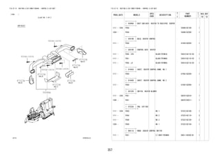 357 
FIG.87-15 HEATING & AIR CONDITIONING - CONTROL & AIR DUCT 
(1204- ) 
ILLUST NO. 2 OF 2 
87D010-A 
9004A-16036 
55086A 
87223A 
87223A 
87223A 
87223A 
87223A 
87223A 
9004A-16036 
9004A-16036 9004A-16036 
FIG.87-15 HEATING & AIR CONDITIONING - CONTROL & AIR DUCT 
PROD_DATE MODELS 
SPEC 
CODE 
DESCRIPTION 
R 
/ 
P 
PART 
NUMBER 
O 
Y 
T 
REV_REF 
FR TO 
+----------+ 
| 55086A | DUCT SUB-ASSY, HEATER TO REGISTER, CENTER 
+----------+ 
1111 - 1204 F65# 55086-BZ140- 1 
1204 - F65# 55086-BZ200- 1 
+----------+ 
| 55910B | BULB, HEATER CONTROL 
+----------+ 
1111 - F65# 81936-BZ020- 1 
+----------+ 
| 55910R | CONTROL ASSY, HEATER 
+----------+ 
1111 - F650..STD BLACK(TRIM1#) 55910-BZ110-C0 1 
1111 - F651 BLACK(TRIM4#) 55910-BZ110-C0 1 
1111 - F650..LO BLACK(TRIM4#) 55910-BZ110-C0 1 
+----------+ 
| 81942A | SHEET, HEATER CONTROL NAME, NO.1 
+----------+ 
1111 - F65# 81942-BZ430- 1 
+----------+ 
| 81942B | SHEET, HEATER CONTROL NAME, NO.2 
+----------+ 
1111 - F65# 81942-BZ440- 1 
+----------+ 
| 84732H | SWITCH, HEATER BLOWER 
+----------+ 
1111 - 1206 F651 88470-BZ010- 1 
1206 - F651 88470-BZ011- 1 
+----------+ 
| 87223A | PAD, AIR DUC 
+----------+ T 
1111 - 1204 F65# NO.1 87223-BZ100- 1 
1111 - F65# NO.2 87223-BZ110- 3 
1111 - F65# NO.3 87223-BZ120- 2 
1204 - F65# NO.1 87223-BZ130- 1 
+----------+ 
| 88611A | KNOB, COOLER CONTROL SWITCH 
+----------+ 
1111 - F651 LT.GRAY(TRIM4#) 88611-BZ020-B1 1 
 