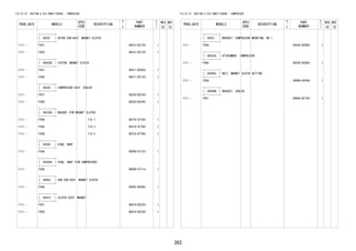 363 
FIG.87-19 HEATING & AIR CONDITIONING - COMPRESSOR 
PROD_DATE MODELS 
SPEC 
CODE 
DESCRIPTION 
R 
/ 
P 
PART 
NUMBER 
O 
Y 
T 
REV_REF 
FR TO 
+----------+ 
| 88301 | ROTOR SUB-ASSY, MAGNET CLUTCH 
+----------+ 
1111 - F651 88412-BZ120- 1 
1111 - F650 88412-BZ130- 1 
+----------+ 
| 88302B | STATOR, MAGNET CLUTCH 
+----------+ 
1111 - F651 88411-BZ050- 1 
1111 - F650 88411-BZ130- 1 
+----------+ 
| 88320 | COMPRESSOR ASSY, COOLER 
+----------+ 
1111 - F651 88320-BZ230- 1 
1111 - F650 88320-BZ240- 1 
+----------+ 
| 88330A | WASHER (FOR MAGNET CLUTCH) 
+----------+ 
1111 - F65# T=0.1 88318-87704- 1 
1111 - F65# T=0.3 88318-87705- 1 
1111 - F65# T=0.5 88318-87706- 1 
+----------+ 
| 88365 | RING, SNAP 
+----------+ 
1111 - F65# 90099-07125- 1 
+----------+ 
| 88365A | RING, SNAP (FOR COMPRESSOR) 
+----------+ 
1111 - F65# 90099-07114- 1 
+----------+ 
| 88403 | HUB SUB-ASSY, MAGNET CLUTCH 
+----------+ 
1111 - F65# 88403-BZ080- 1 
+----------+ 
| 88410 | CLUTCH ASSY, MAGNET 
+----------+ 
1111 - F651 88410-BZ220- 1 
1111 - F650 88410-BZ230- 1 
FIG.87-19 HEATING & AIR CONDITIONING - COMPRESSOR 
PROD_DATE MODELS 
SPEC 
CODE 
DESCRIPTION 
R 
/ 
P 
PART 
NUMBER 
O 
Y 
T 
REV_REF 
FR TO 
+----------+ 
| 88431 | BRACKET, COMPRESSOR MOUNTING, NO.1 
+----------+ 
1111 - F650 88345-BZ060- 1 
+----------+ 
| 88432A | ATTACHMENT, COMPRESSOR 
+----------+ 
1111 - F650 88345-BZ050- 1 
+----------+ 
| 88446C | BOLT, MAGNET CLUTCH SETTING 
+----------+ 
1111 - F65# 90099-04349- 1 
+----------+ 
| 88688N | BRACKET, COOLER 
+----------+ 
1111 - F651 88688-BZ150- 1 
