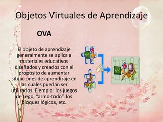 Objetos Virtuales de Aprendizaje
            OVA
    El objeto de aprendizaje
   generalmente se aplica a
     materiales educativos
  diseñados y creados con el
    propósito de aumentar
situaciones de aprendizaje en
      las cuales puedan ser
utilizados. Ejemplo: los juegos
   de Lego, “armo-todo”. los
       bloques lógicos, etc.
 