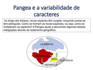 Pangea e a variabilidade de
caracteres
Ao longo dos tempos, novas espécies têm surgido, enquanto outras se
têm extinguido. Como se formam as novas espécies, ou seja, como se
multiplicam as espécies? A Pangea ajuda a desvendar algumas dessas
indagações através do isolamento geográfico.
BIOLOGIA, 1º Ano do Ensino Médio
A variabilidade de características
LAURENTIA
GONDWANA
INDIA
ANTARTICA
AUSTRALIA
 