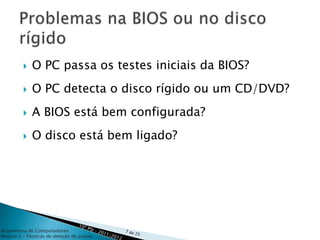    O PC passa os testes iniciais da BIOS?
            O PC detecta o disco rígido ou um CD/DVD?
            A BIOS está bem configurada?
            O disco está bem ligado?




Arquitetura de Computadores
Módulo 3 – Técnicas de deteção de avarias
 
