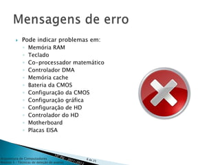    Pode indicar problemas em:
              ◦   Memória RAM
              ◦   Teclado
              ◦   Co-processador matemático
              ◦   Controlador DMA
              ◦   Memória cache
              ◦   Bateria da CMOS
              ◦   Configuração da CMOS
              ◦   Configuração gráfica
              ◦   Configuração de HD
              ◦   Controlador do HD
              ◦   Motherboard
              ◦   Placas EISA




Arquitetura de Computadores
Módulo 3 – Técnicas de deteção de avarias
 