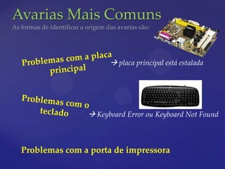 Avarias Mais Comuns
As formas de identificar a origem das avarias são:




                                    placa principal está estalada




                            Keyboard Error ou Keyboard Not Found



   Problemas com a porta de impressora
 