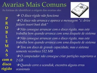 Avarias Mais Comuns
As formas de identificar a origem das avarias são:

            O disco rígido não funciona
   P        O disco não arranca e aparece a mensagem "c: drive
   R       failure insert boot disk“
  O         Não consegue arrancar com o disco rígido, mas este
   B       trabalha bem quando arranca com uma disquete de sistema
   L        Não consegue arrancar com o disco rígido, mas este
   E       trabalha bem quando arranca com uma disquete de sistema
  M         Tem um disco de grande capacidade, mas o sistema
   A       somente reconhece 512 MB
   S        O computador não consegue criar partições superiores a
com o      2 GB
 disco      Quando corre o scandisk, encontra alguns erros
rígido     ocasionais
 