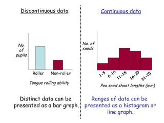 Discontinuous data Continuous data Distinct data can be  presented as a bar graph. Ranges of data can be  presented as a histogram or line graph. No. of pupils Tongue rolling ability Roller Non-roller Pea seed shoot lengths (mm) No. of seeds 1-5 6-10 11-15 16-20 21-25 