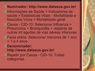 Nominador: http://www.datasus.gov.br/
Informações de Saúde > Indicadores de
saúde > Estatísticas Vitais - Mortalidade e
Nascidos Vivos > Mortalidade geral
Causa - CID-10: Selecionar Influenza +
Pneumonia + Bronquiolite + restante de
outras inf agudas de vias aéreas inferiores
Faixa etária: Selecionar menores de 1 ano
+ 1 a 4 anos
Denominador:
http://www.datasus.gov.br/
Repetir por Causa - CID-10: Todas
categorias
 