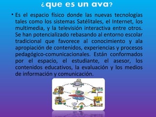 • Es el espacio físico donde las nuevas tecnologías 
tales como los sistemas Satélitales, el Internet, los 
multimedia, y la televisión interactiva entre otros. 
Se han potencializado rebasando al entorno escolar 
tradicional que favorece al conocimiento y ala 
apropiación de contenidos, experiencias y procesos 
pedagógico-comunicacionales. Están conformados 
por el espacio, el estudiante, el asesor, los 
contenidos educativos, la evaluación y los medios 
de información y comunicación. 
