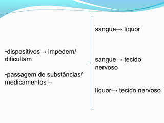 sangue→ líquor
sangue→ tecido
nervoso
líquor→ tecido nervoso
-dispositivos→ impedem/
dificultam
-passagem de substâncias/
medicamentos –
 