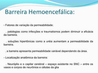 - Fatores de variação da permeabilidade:
. patologias como infecções e traumatismos podem diminuir a eficácia
da barreira.
. soluções hipertônicas como a uréia aumentam a permeabilidade da
barreira.
. a barreira apresenta permeabilidade variável dependendo da área.
- Localização anatômica da barreira:
. Neuróplio e o capilar cerebral – espaço existente no SNC – entre os
vasos e corpos de neurônios e células da glia
 