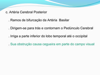 c. Artéria Cerebral Posterior
. Ramos de bifurcação da Artéria Basilar
. Dirigem-se para trás e contornam o Pedúnculo Cerebral
. Irriga a parte inferior do lobo temporal até o occipital
. Sua obstrução causa cegueira em parte do campo visual
 