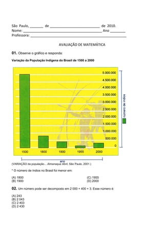 São Paulo, _______ de __________________________ de 2010.
Nome: _________________________________________ Ano ________
Professora: __________________________________________________

                                   AVALIAÇÃO DE MATEMÁTICA

01. Observe o gráfico e responda:
Variação da População Indígena do Brasil de 1500 a 2000




(VARIAÇÃO da população... Almanaque Abril, São Paulo, 2001.)

* O número de índios no Brasil foi menor em:

(A) 1800                                                (C) 1955
(B) 1900                                                (D) 2000

02. Um número pode ser decomposto em 2 000 + 400 + 3. Esse número é:
(A) 243
(B) 2 043
(C) 2 403
(D) 2 430
 