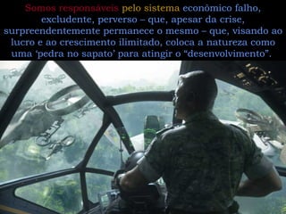 Somos responsáveis  pelo sistema  econômico falho, excludente, perverso – que, apesar da crise, surpreendentemente permanece o mesmo – que, visando ao lucro e ao crescimento ilimitado, coloca a natureza como uma ‘pedra no sapato’ para atingir o “desenvolvimento”.  