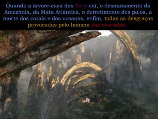 Quando a árvore-casa dos  Na’vi  cai, o desmatamento da Amazônia, da Mata Atlântica, o derretimento dos polos, a morte dos corais e dos oceanos, enfim,  todas as desgraças provocadas pelo homem  são evocadas.   