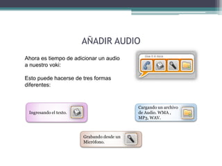 AÑADIR AUDIO 
Ahora es tiempo de adicionar un audio 
a nuestro voki: 
Esto puede hacerse de tres formas 
diferentes: 
Ingresando el texto. 
Grabando desde un 
Micrófono. 
Cargando un archivo 
de Audio. WMA , 
MP3, WAV. 
 