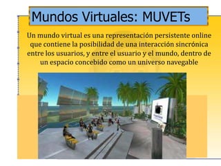 EducaciónMUNDO VIRTUAL    FORMA TRADICIONALVIRTUAL  Usuarios  manejan su propia representación virtual, avatar 