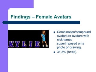 Findings – Female Avatars<br />Combination/compound avatars or avatars with nicknames superimposed on a photo or drawing. ...
