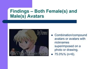 Findings – Both Female(s) and Male(s) Avatars<br />Combination/compound avatars or avatars with nicknames superimposed on ...
