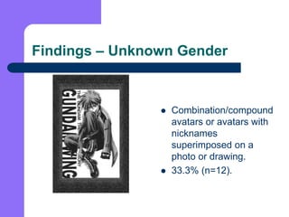 Findings – Unknown Gender<br />Combination/compound avatars or avatars with nicknames superimposed on a photo or drawing.<...