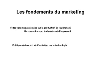 Les fondements du marketing Pédagogie innovante axée sur la production de l’apprenant  Se concentrer sur  les besoins de l’apprenant Politique de bas prix et d’incitation par la technologie 