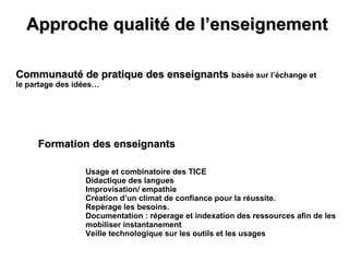 Approche qualité de l’enseignement Communauté de pratique des enseignants  basée sur l’échange et le partage des idées… Formation des enseignants  Usage et combinatoire des TICE Didactique des langues Improvisation/ empathie Création d’un climat de confiance pour la réussite.  Repèrage les besoins. Documentation : réperage et indexation des ressources afin de les  mobiliser instantanement Veille technologique sur les outils et les usages 