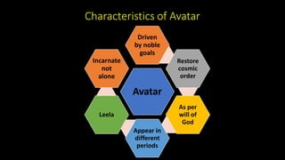 Characteristics of Avatar
Avatar
Driven
by noble
goals
Restore
cosmic
order
As per
will of
God
Appear in
different
periods
Leela
Incarnate
not
alone
 