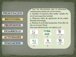 PRESENTACION
BIENVENIDA
PROPOSITOS
DESARROLLO
ACTIVIDADES
EVALUACION
1. Leer los documentos que se presentan a
continuación dando clic en los iconos .
2. Estudiar el tutorial sobre ondas dando clic
en el icono que dice tutorial.
3. Observar video de aplicación de las ondas
llamado Sismología
4. Realizar la actividad propuesta. Para ello, de
clic en el ícono Word.
Para mas información, ver videos 5 y 6
1 2 3
4 5
 