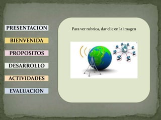 PRESENTACION
BIENVENIDA
PROPOSITOS
DESARROLLO
ACTIVIDADES
EVALUACION
Para ver rubrica, dar clic en la imagen
 