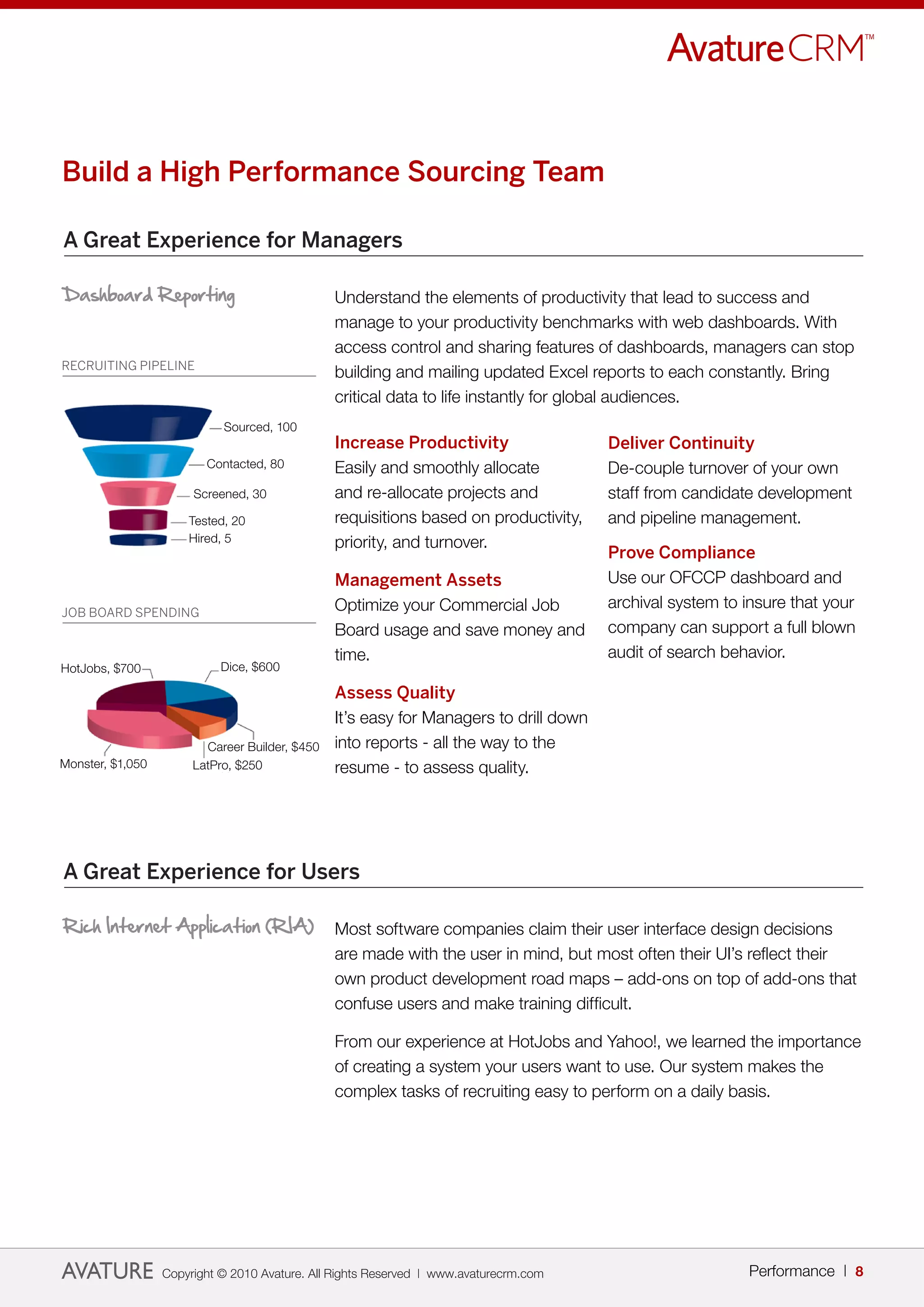 Build a High Performance Sourcing Team

A Great Experience for Managers

Dashboard Reporting                             Understand the elements of productivity that lead to success and
                                                manage to your productivity benchmarks with web dashboards. With
                                                access control and sharing features of dashboards, managers can stop
RECRUITING PIPELINE
                                                building and mailing updated Excel reports to each constantly. Bring
                                                critical data to life instantly for global audiences.
                            Sourced, 100
                                                Increase Productivity                  Deliver Continuity
                         Contacted, 80          Easily and smoothly allocate           De-couple turnover of your own
                       Screened, 30             and re-allocate projects and           staff from candidate development
                      Tested, 20                requisitions based on productivity,    and pipeline management.
                      Hired, 5                  priority, and turnover.
                                                                                       Prove Compliance
                                                Management Assets                      Use our OFCCP dashboard and
                                                Optimize your Commercial Job           archival system to insure that your
JOB BOARD SPENDING
                                                Board usage and save money and         company can support a full blown
                                                time.                                  audit of search behavior.
HotJobs, $700               Dice, $600

                                                Assess Quality
                                                It’s easy for Managers to drill down
                         Career Builder, $450   into reports - all the way to the
Monster, $1,050        LatPro, $250             resume - to assess quality.




A Great Experience for Users

Rich Internet Application (RIA)                 Most software companies claim their user interface design decisions
                                                are made with the user in mind, but most often their UI’s reflect their
                                                own product development road maps – add-ons on top of add-ons that
                                                confuse users and make training difficult.

                                                From our experience at HotJobs and Yahoo!, we learned the importance
                                                of creating a system your users want to use. Our system makes the
                                                complex tasks of recruiting easy to perform on a daily basis.




                  Copyright © 2010 Avature. All Rights Reserved | www.avaturecrm.com                      Performance | 8
 
