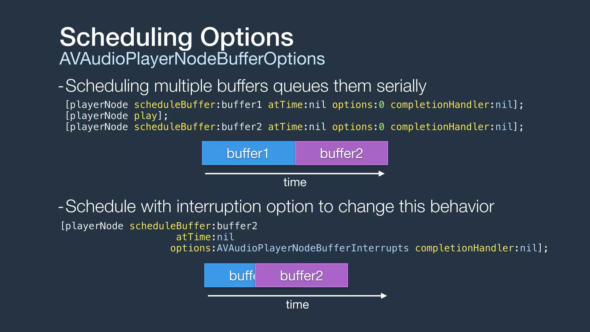 -Scheduling multiple buffers queues them serially
Scheduling Options
AVAudioPlayerNodeBuﬀerOptions
[playerNode scheduleBuffer:buffer1 atTime:nil options:0 completionHandler:nil];
[playerNode play];
[playerNode scheduleBuffer:buffer2 atTime:nil options:0 completionHandler:nil];
buﬀer1 buﬀer2
time
[playerNode scheduleBuffer:buffer2
atTime:nil
options:AVAudioPlayerNodeBufferInterrupts completionHandler:nil];
-Schedule with interruption option to change this behavior
buﬀer1 buﬀer2
time
 