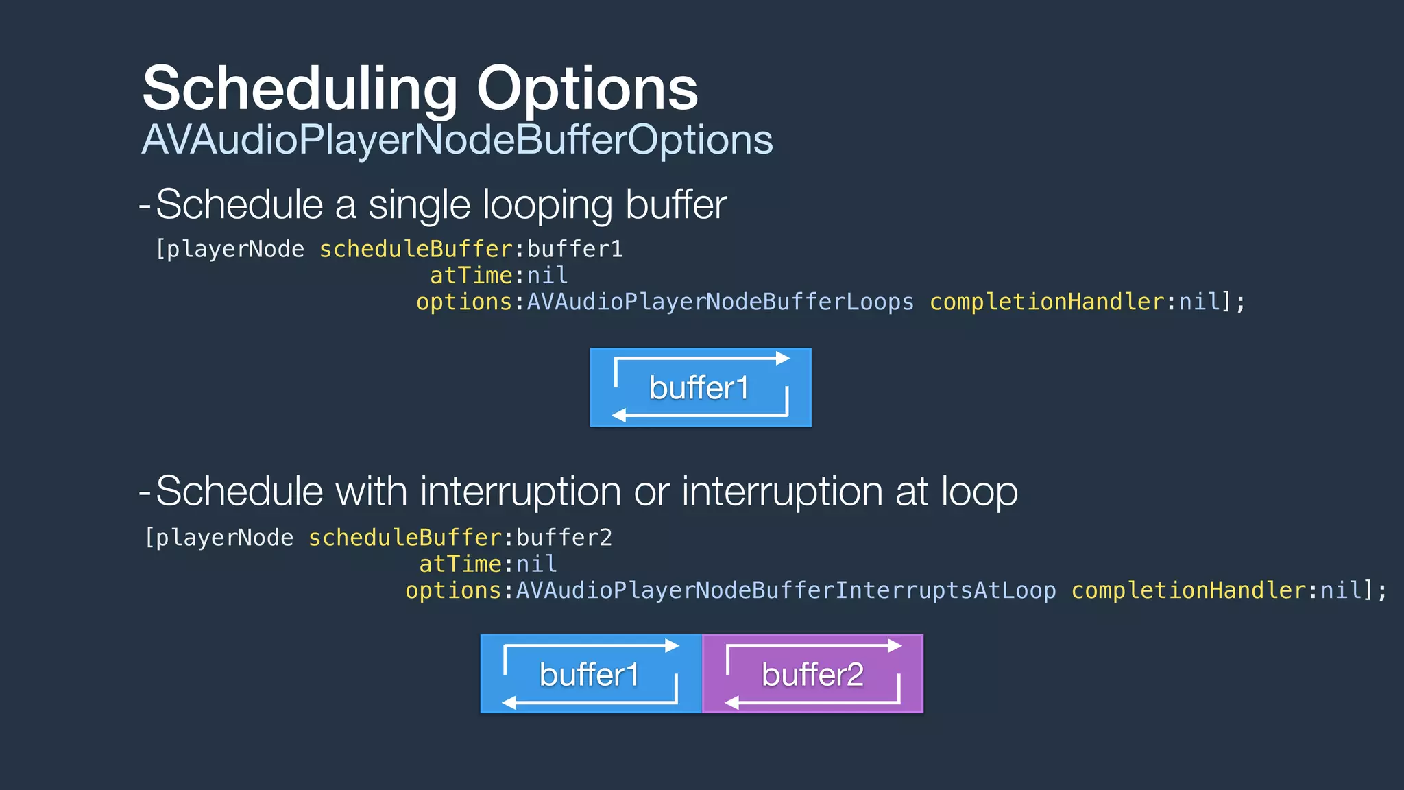 -Schedule a single looping buffer
Scheduling Options
AVAudioPlayerNodeBuﬀerOptions
[playerNode scheduleBuffer:buffer1
atTime:nil
options:AVAudioPlayerNodeBufferLoops completionHandler:nil];
buﬀer1
[playerNode scheduleBuffer:buffer2
atTime:nil
options:AVAudioPlayerNodeBufferInterruptsAtLoop completionHandler:nil];
-Schedule with interruption or interruption at loop
buﬀer1 buﬀer2
 