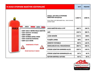 KAMPANYA 50  TL 40  TL BUTON KONTROL KUTUSU 40  TL 30  TL STRIKE UZAKTAN KUMANDA(50 mt) 140  TL 100  TL STRIKE UZAKTAN KUMANDA ALICI 500  TL 380  TL BÜKÜLEBİLİR KOL MEKANİZMASI 120  TL 80  TL EMNİYET FOTOSELİ 120  TL 80 TL FLAŞÖR LAMBA 380 TL 310  TL LOOB SENSÖR 300  TL 240  TL AKÜ 240  TL 180  TL AVAX BARİYER KOLU 6 MT 1400  TL 1200  TL AVAX 6  MT KOLLU OTOPARK BARİYERİ-Kampanya  Kırmızı-beyaz renk elektrostatik boya,  zaman kontrolü, anahtarlı kapak MÜŞTERİ BAYİ 9-AVAX OTOPARK BARİYER SİSTEMLERİ 