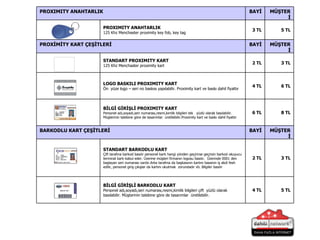 5   TL 4   TL BİLGİ GİRİŞLİ BARKODLU KART Personel adı,soyadı,seri numarası,resmi,kimlik bilgileri çift  yüzlü olarak basılabilir. Müşterinin talebine göre de tasarımlar  üretilebilir. 3   TL 2   TL STANDART BARKODLU KART Çift tarafına barkod basılır personel kartı hangi yönden geçirirse geçirsin barkod okuyucu terminal kartı kabul eder. Üzerine müşteri firmanın logosu basılır.  Üzerinde 0001 den başlayan seri numarası vardır.Arka tarafına da başkasının kartını basanın iş akdi fesh edilir, personel giriş çıkışlar da kartını okutmak  zorundadır vb. Bilgiler basılır MÜŞTERİ BAYİ BARKODLU KART ÇEŞİTLERİ 8  TL 6  TL BİLGİ GİRİŞLİ PROXIMITY KART Personel adı,soyadı,seri numarası,resmi,kimlik bilgileri tek  yüzlü olarak basılabilir. Müşterinin talebine göre de tasarımlar  üretilebilir.Proximity kart ve baskı dahil fiyattır 6  TL 4  TL LOGO BASKILI PROXIMITY KART Ön  yüze logo – seri no baskısı yapılabilir. Proximity kart ve baskı dahil fiyattır 3  TL 2  TL STANDART PROXIMITY KART 125 Khz Menchaster proximity kart MÜŞTERİ BAYİ PROXİMİTY KART ÇEŞİTLERİ 5  TL 3  TL PROXIMITY ANAHTARLIK 125 Khz Menchaster proximity key fob, key tag MÜŞTERİ BAYİ PROXIMITY ANAHTARLIK 