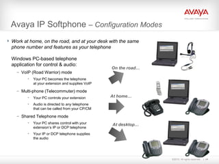 ©2010. All rights reserved. 29
Avaya IP Softphone – Configuration Modes
 Work at home, on the road, and at your desk with the same
phone number and features as your telephone
Windows PC-based telephone
application for control & audio:
– VoIP (Road Warrior) mode
• Your PC becomes the telephone
at your extension and supplies VoIP
– Multi-phone (Telecommuter) mode
• Your PC controls your extension
• Audio is directed to any telephone
that can be called from your CP/CM
– Shared Telephone mode
• Your PC shares control with your
extension’s IP or DCP telephone
• Your IP or DCP telephone supplies
the audio
On the road…
At desktop…
At home…
 