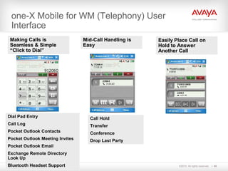 ©2010. All rights reserved. 49
one-X Mobile for WM (Telephony) User
Interface
Making Calls is
Seamless & Simple
“Click to Dial”
Mid-Call Handling is
Easy
Easily Place Call on
Hold to Answer
Another Call
Dial Pad Entry
Call Log
Pocket Outlook Contacts
Pocket Outlook Meeting Invites
Pocket Outlook Email
Exchange Remote Directory
Look Up
Bluetooth Headset Support
Call Hold
Transfer
Conference
Drop Last Party
 