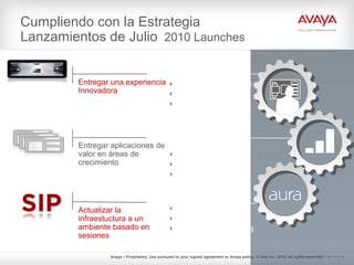 Avaya – Proprietary. Use pursuant to your signed agreement or Avaya policy. © Ava Inc. 2010. All rights reserved.
Cumpliendo con la Estrategia
Lanzamientos de Julio 2010 Launches
Entregar aplicaciones de
valor en áreas de
crecimiento
Entregar una experiencia
Innovadora
Actualizar la
infraestuctura a un
ambiente basado en
sesiones
5© Avaya Inc. 2010. All rights reserved.
 Presence Services 6.0
 One-X Communicator
 96x1 Client Portfolio
 Aura CM & SM 6.0
 SBC 6.0
 CS1000 migration (7.0)
 Conferencing 6.0
 Messaging 6.0
 ACE 2.2
 