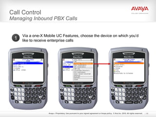 Avaya – Proprietary. Use pursuant to your signed agreement or Avaya policy. © Ava Inc. 2010. All rights reserved. 55
Call Control
Managing Inbound PBX Calls
Via a one-X Mobile UC Features, choose the device on which you’d
like to receive enterprise calls1
 