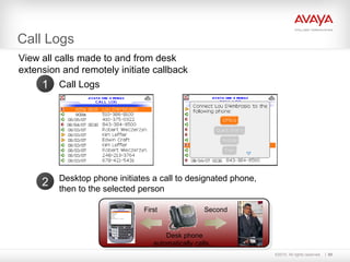 ©2010. All rights reserved. 60
View all calls made to and from desk
extension and remotely initiate callback
Call Logs1
Desktop phone initiates a call to designated phone,
then to the selected person
2
Desk phone
automatically calls…
First Second
Call Logs
 