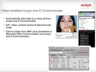 Video-enabled Avaya one-X Communicator  Automatically add video to a voice all from Avaya one-X Communicator SIP: Video, shared control & telecommuter mode Click-to-Video from IBM Lotus Sametime or Microsoft Office Communicator (via Avaya one-X Communicator) 