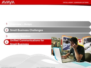 Unified Communications for  Small Business Avaya’s Solution Small Business Challenges 2 3 4 Overview – Avaya  1 