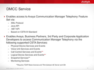 © 2011 Avaya Inc. All rights reserved.
DMCC Service
 Enables access to Avaya Communication Manager Telephony Feature
Set ...
