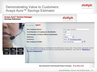 Demonstrating Value to Customers:
Avaya Aura™ Savings Estimator
Analyst NDA Briefing © Avaya Inc. 2010. All rights reserved. 21
 