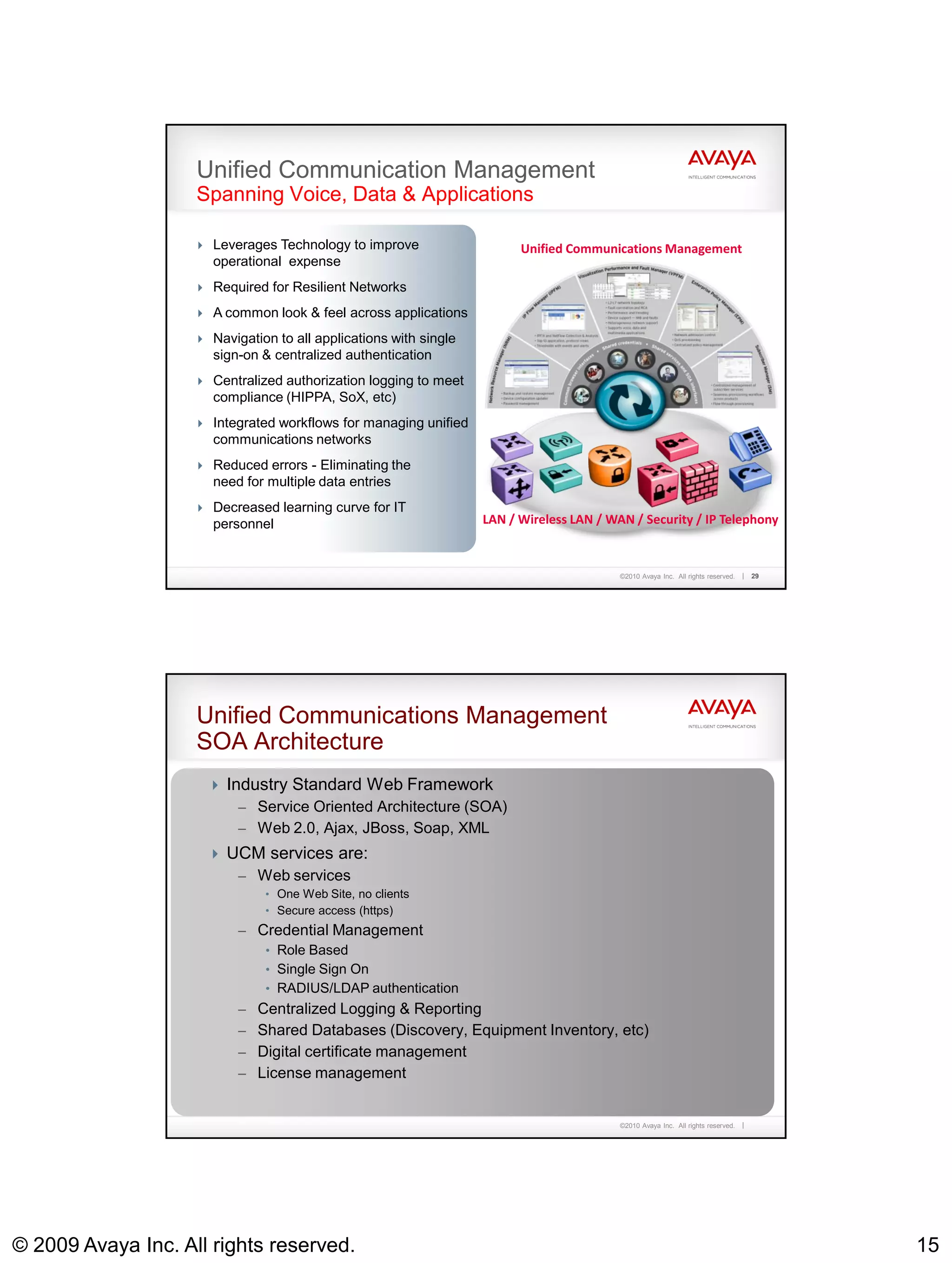 Unified Communication Management
                    Spanning Voice, Data & Applications

                     Leverages Technology to improve                    Unified Communications Management
                       operational expense
                     Required for Resilient Networks

                     A common look & feel across applications

                     Navigation to all applications with single
                       sign-on & centralized authentication
                     Centralized authorization logging to meet
                       compliance (HIPPA, SoX, etc)
                     Integrated workflows for managing unified
                       communications networks
                     Reduced errors - Eliminating the
                       need for multiple data entries
                     Decreased learning curve for IT
                       personnel                                   LAN / Wireless LAN / WAN / Security / IP Telephony


                                                                                          ©2010 Avaya Inc. All rights reserved.   29




                    Unified Communications Management
                    SOA Architecture
                       Industry Standard Web Framework
                          – Service Oriented Architecture (SOA)
                          – Web 2.0, Ajax, JBoss, Soap, XML
                       UCM services are:
                         – Web services
                                • One Web Site, no clients
                                • Secure access (https)
                           – Credential Management
                              • Role Based
                              • Single Sign On
                              • RADIUS/LDAP authentication
                           – Centralized Logging & Reporting
                           – Shared Databases (Discovery, Equipment Inventory, etc)
                           – Digital certificate management
                           – License management


                                                                                          ©2010 Avaya Inc. All rights reserved.




© 2009 Avaya Inc. All rights reserved.                                                                                                 15
 