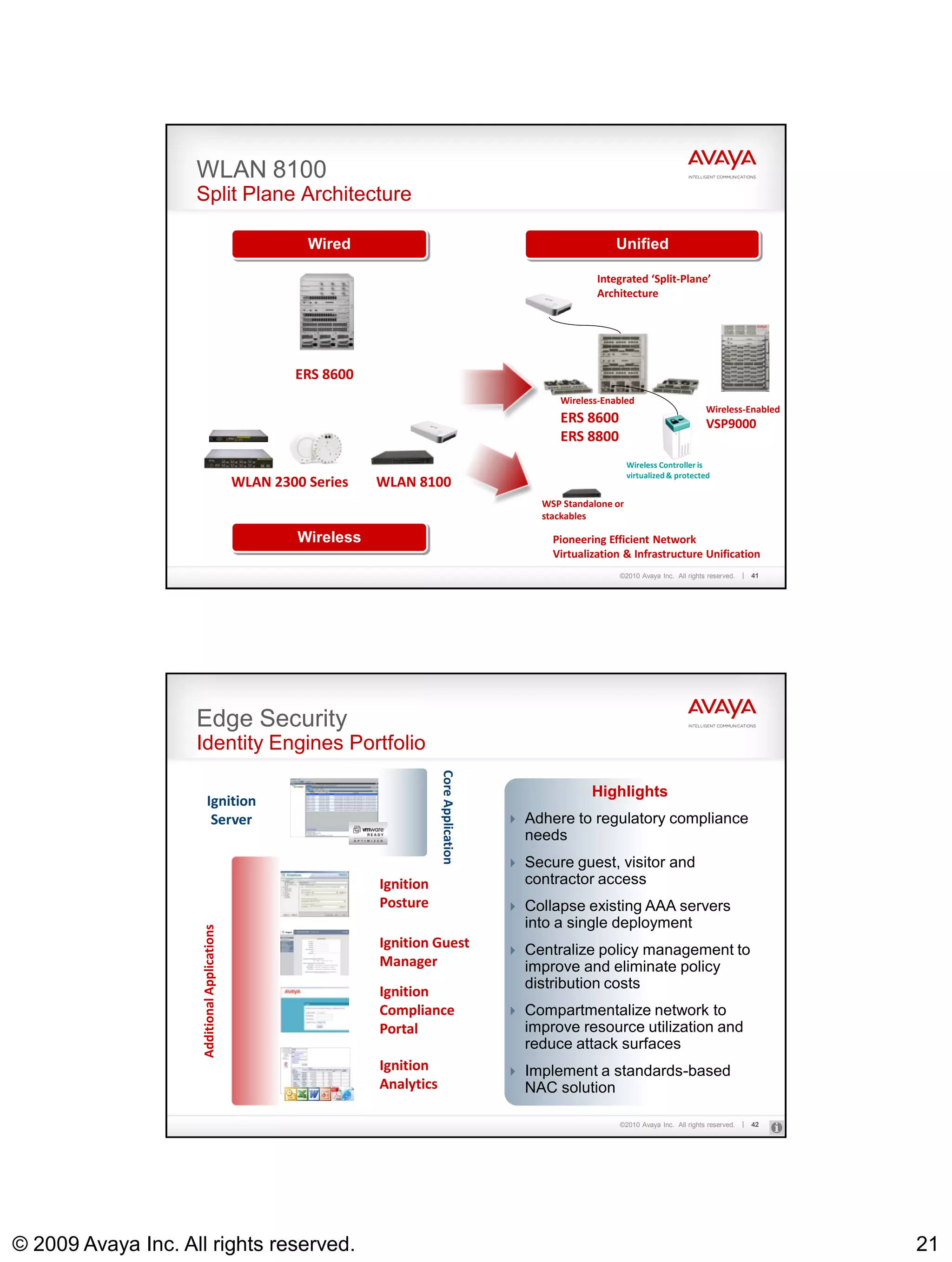 WLAN 8100
                    Split Plane Architecture

                                                         Wired                                                        Unified

                                                                                                                  Integrated ‘Split-Plane’
                                                                                                                  Architecture




                                                       ERS 8600
                                                                                                          Wireless-Enabled
                                                                                                                                                  Wireless-Enabled
                                                                                                          ERS 8600                                VSP9000
                                                                                                          ERS 8800
                                                                                                                           Wireless Controller is
                                                                                                                           virtualized & protected
                                               WLAN 2300 Series    WLAN 8100
                                                                                                       WSP Standalone or
                                                                                                       stackables

                                                        Wireless                                         Pioneering Efficient Network
                                                                                                         Virtualization & Infrastructure Unification
                                                                                                                       ©2010 Avaya Inc. All rights reserved.   41




                    Edge Security
                    Identity Engines Portfolio
                                                                               Core Application




                                                                                                                 Highlights
                           Ignition
                            Server                                                                 Adhere to regulatory compliance
                                                                                                    needs
                                                                                                   Secure guest, visitor and
                                                                   Ignition                         contractor access
                                                                   Posture                         Collapse existing AAA servers
                                                                                                    into a single deployment
                     Additional Applications




                                                                   Ignition Guest                  Centralize policy management to
                                                                   Manager                          improve and eliminate policy
                                                                                                    distribution costs
                                                                   Ignition
                                                                   Compliance                      Compartmentalize network to
                                                                   Portal                           improve resource utilization and
                                                                                                    reduce attack surfaces
                                                                   Ignition                        Implement a standards-based
                                                                   Analytics                        NAC solution

                                                                                                                       ©2010 Avaya Inc. All rights reserved.   42




© 2009 Avaya Inc. All rights reserved.                                                                                                                               21
 