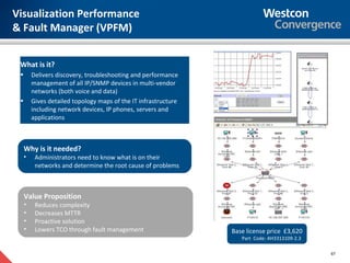 Visualization Performance
& Fault Manager (VPFM)


 What is it?
 •       Delivers discovery, troubleshooting and performance
         management of all IP/SNMP devices in multi-vendor
         networks (both voice and data)
 •       Gives detailed topology maps of the IT infrastructure
         including network devices, IP phones, servers and
         applications



     Why is it needed?
     •    Administrators need to know what is on their
          networks and determine the root cause of problems



     Value Proposition
     •    Reduces complexity
     •    Decreases MTTR
     •    Proactive solution
     •    Lowers TCO through fault management                    Base license price £3,620
                                                                    Part Code: AH3313109-2.3

                                                                                               67
 