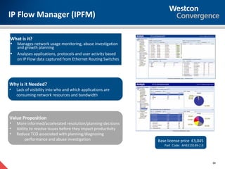 IP Flow Manager (IPFM)

What is it?
•   Manages network usage monitoring, abuse investigation
    and growth planning
•   Analyses applications, protocols and user activity based
    on IP Flow data captured from Ethernet Routing Switches




Why is it Needed?
•   Lack of visibility into who and which applications are
    consuming network resources and bandwidth




Value Proposition
•   More informed/accelerated resolution/planning decisions
•   Ability to resolve issues before they impact productivity
•   Reduce TCO associated with planning/diagnosing
         performance and abuse investigation                    Base license price £3,045
                                                                   Part Code: AH3313149-2.0




                                                                                              68
 
