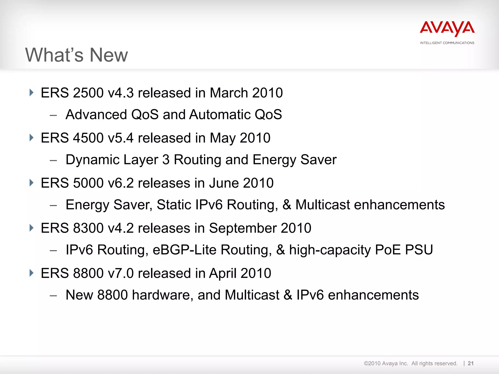 What’s New ERS 2500 v4.3 released in March 2010 Advanced QoS and Automatic QoS ERS 4500 v5.4 released in May 2010 Dynamic Layer 3 Routing and Energy Saver ERS 5000 v6.2 releases in June 2010 Energy Saver, Static IPv6 Routing, & Multicast enhancements ERS 8300 v4.2 releases in September 2010 IPv6 Routing, eBGP-Lite Routing, & high-capacity PoE PSU ERS 8800 v7.0 released in April 2010 New 8800 hardware, and Multicast & IPv6 enhancements 