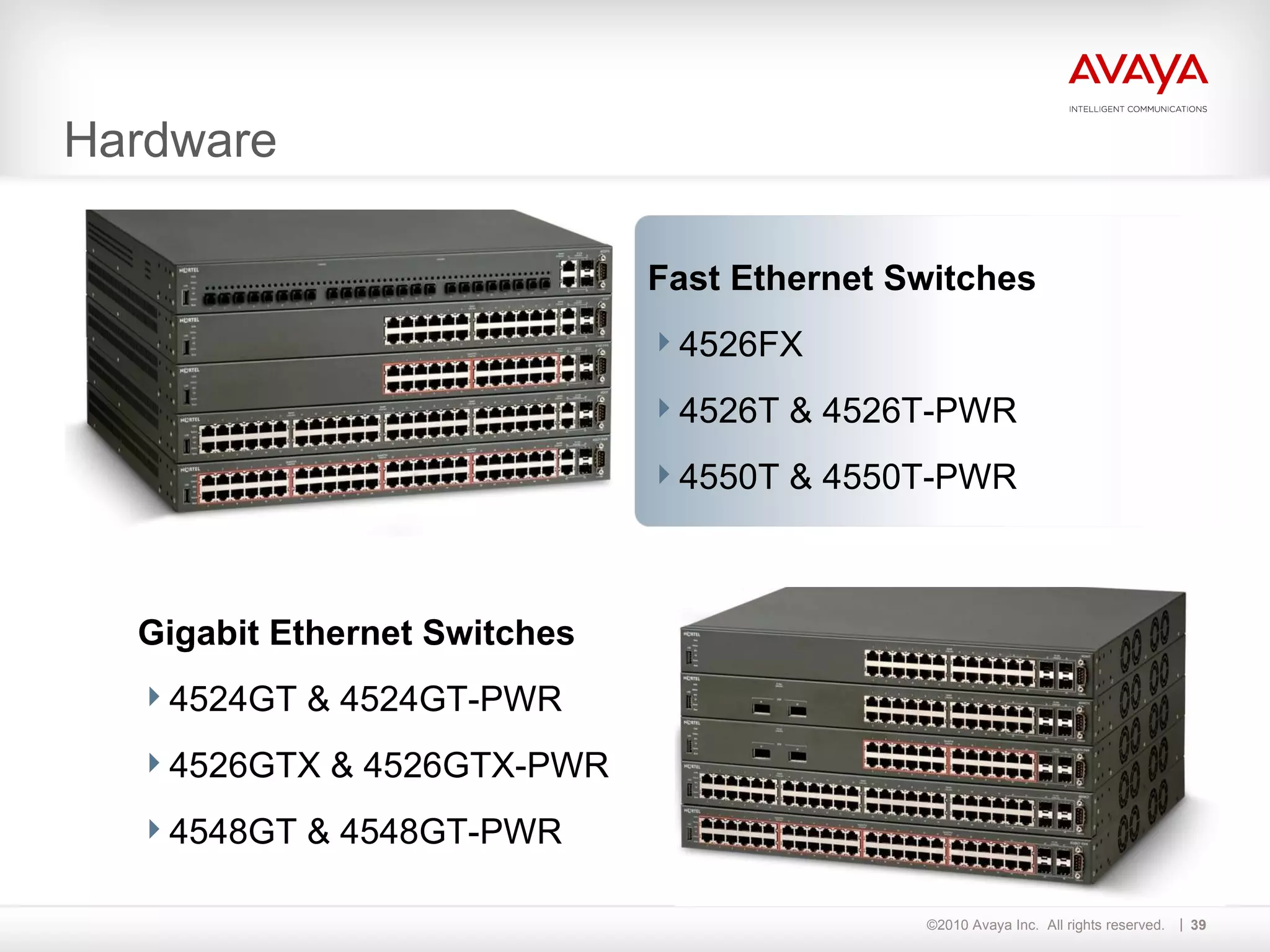 Hardware Gigabit Ethernet Switches 4524GT & 4524GT-PWR 4526GTX & 4526GTX-PWR 4548GT & 4548GT-PWR Fast Ethernet Switches 4526FX 4526T & 4526T-PWR 4550T & 4550T-PWR 