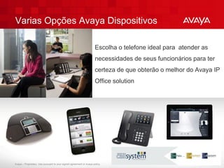 Varias Opções Avaya Dispositivos

                                                                      Escolha o telefone ideal para atender as
                                                                      necessidades de seus funcionários para ter
                                                                      certeza de que obterão o melhor do Avaya IP
                                                                      Office solution




Avaya – Proprietary. Use pursuant to your signed agreement or Avaya policy.                       ©2011. All rights reserved.   14
 